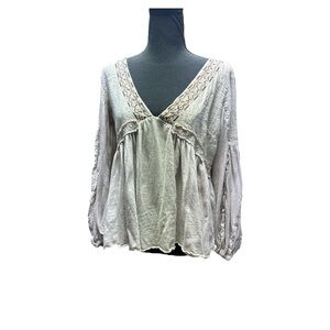 Miss Me Cream Linen And Lace V-Neck Baby doll Long Sleeve Size Small
